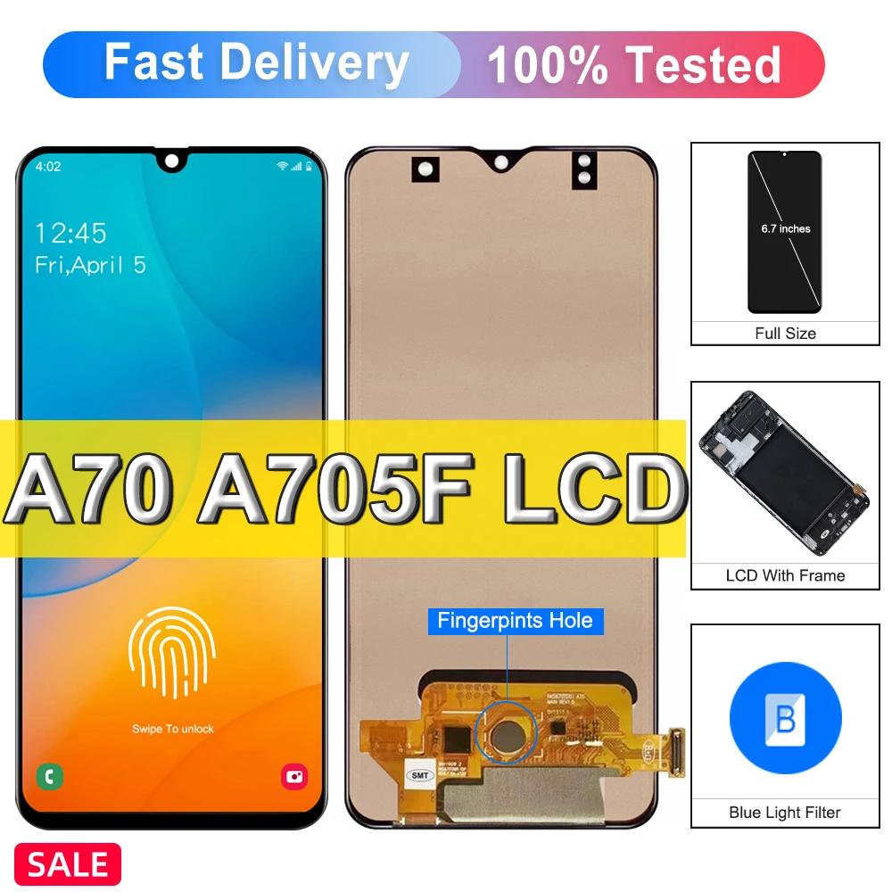 

6.7" Super AMOLED For Samsung Galaxy A70 LCD Display Touch Screen Replacement For Galaxy A70 A705F A705FN LCD, With Fingerprint