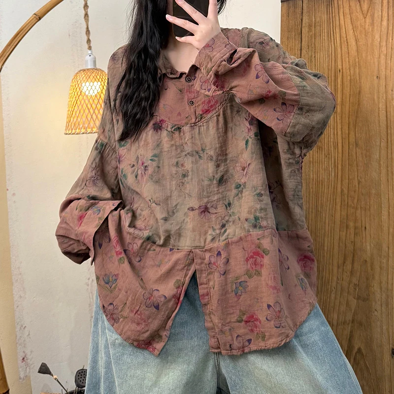 2023 neue Ankunft Frühling Frauen Lose Fit Casual Floral Patchwork drehen-unten Kragen Bluse Gute