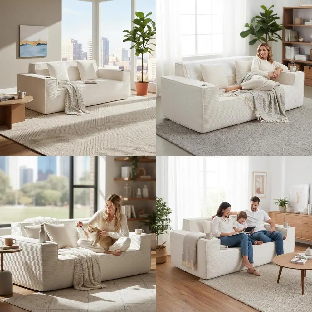 

Deep Seating Cloud Loveseat Sofa with Cup Holder, Boneless Couch, Comfortable Corduroy Couch, No Assembly Required