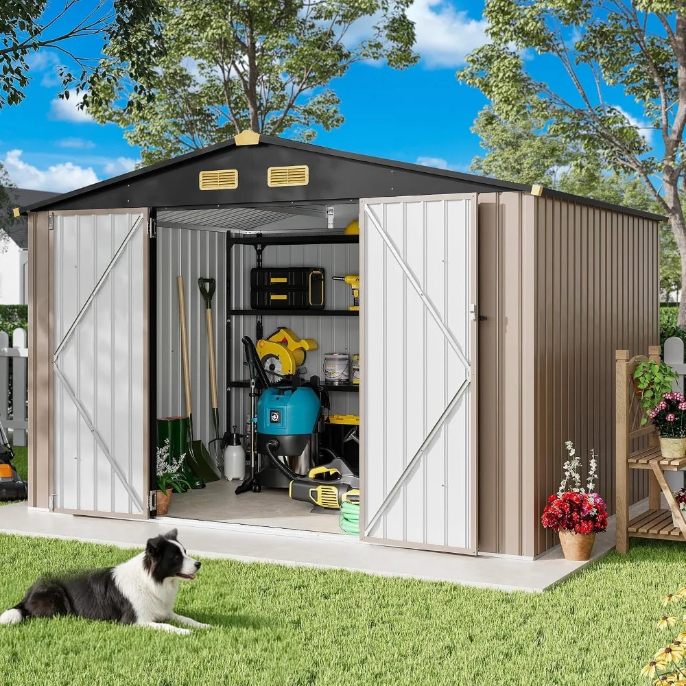Factory Direct 2026 9.7x7.7FT Outdoor Storage Shed with Breathable Vent, Brown | 9.4x7.3FT Base Galvanized Steel Metal Tool Shed