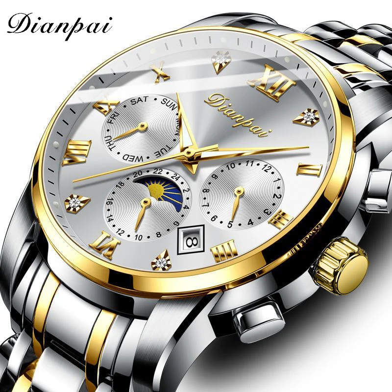 Dianpai calendário de três olhos e seis agulhas pulseira de aço inoxidável relógio mecânico automático luminoso relógio masculino da moda