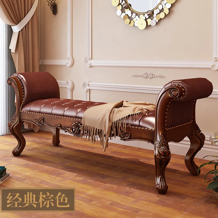 All solid wood bedside stool leather bench foyer shoe changing stool European bedroom bed with armrest