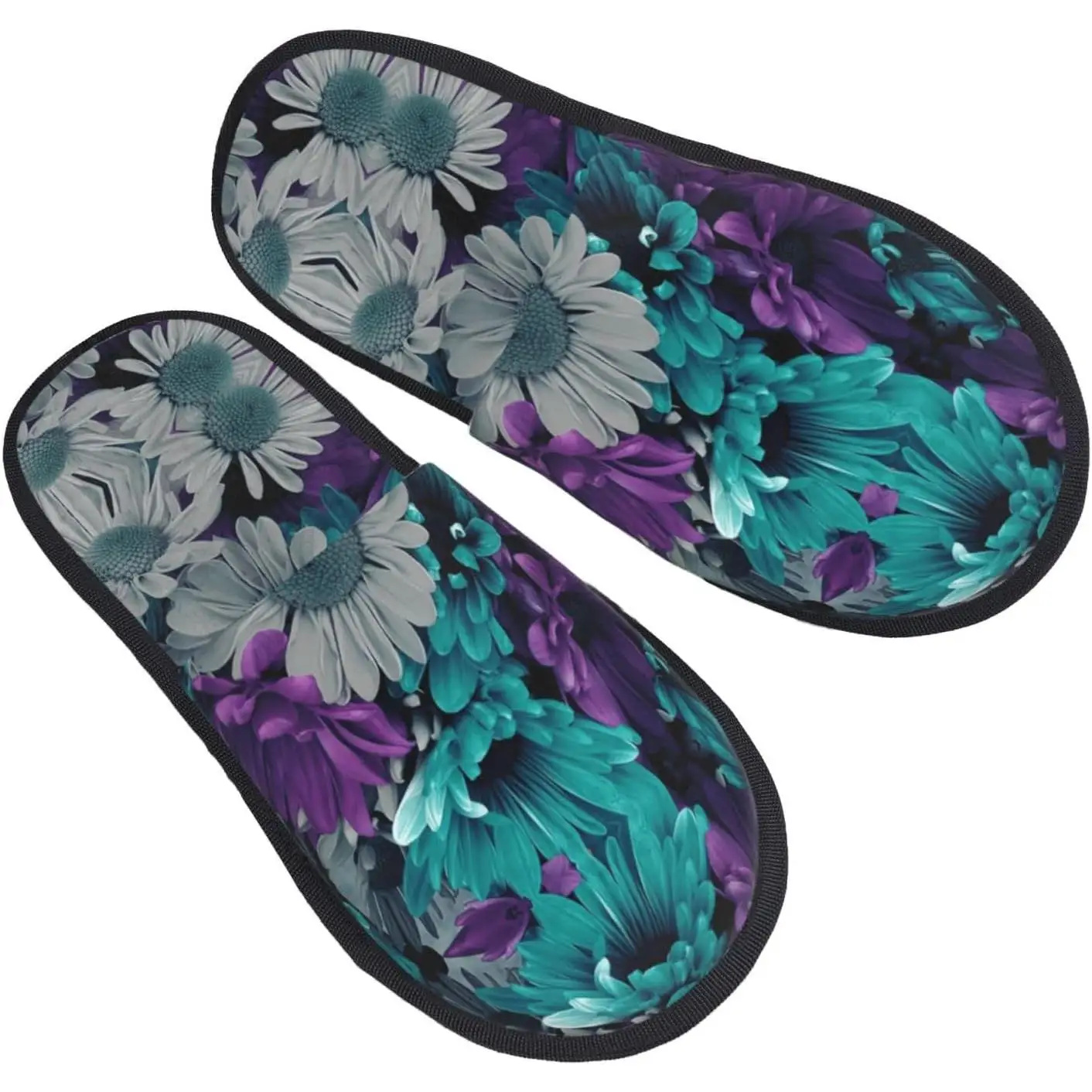 

purple and teal flowers printing Fall Winter Fuzzy Slippers Comfy House Shoes,Portable for Hotel Travel Gifts for Women and Men