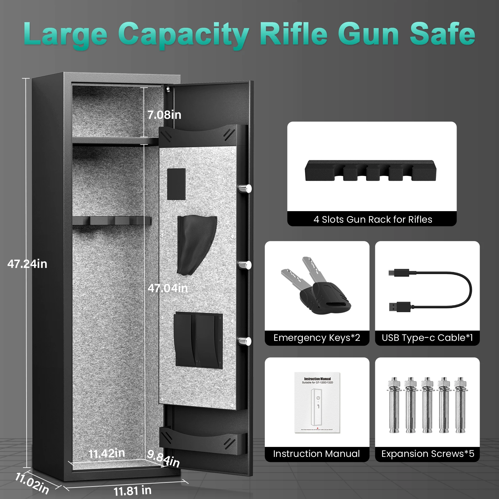 4-5 Rifle Gun Safe, Deeper and Larger Gun Safe with Backlit Digital Keypad, Removable Shelf and Adjustable Gun Rack