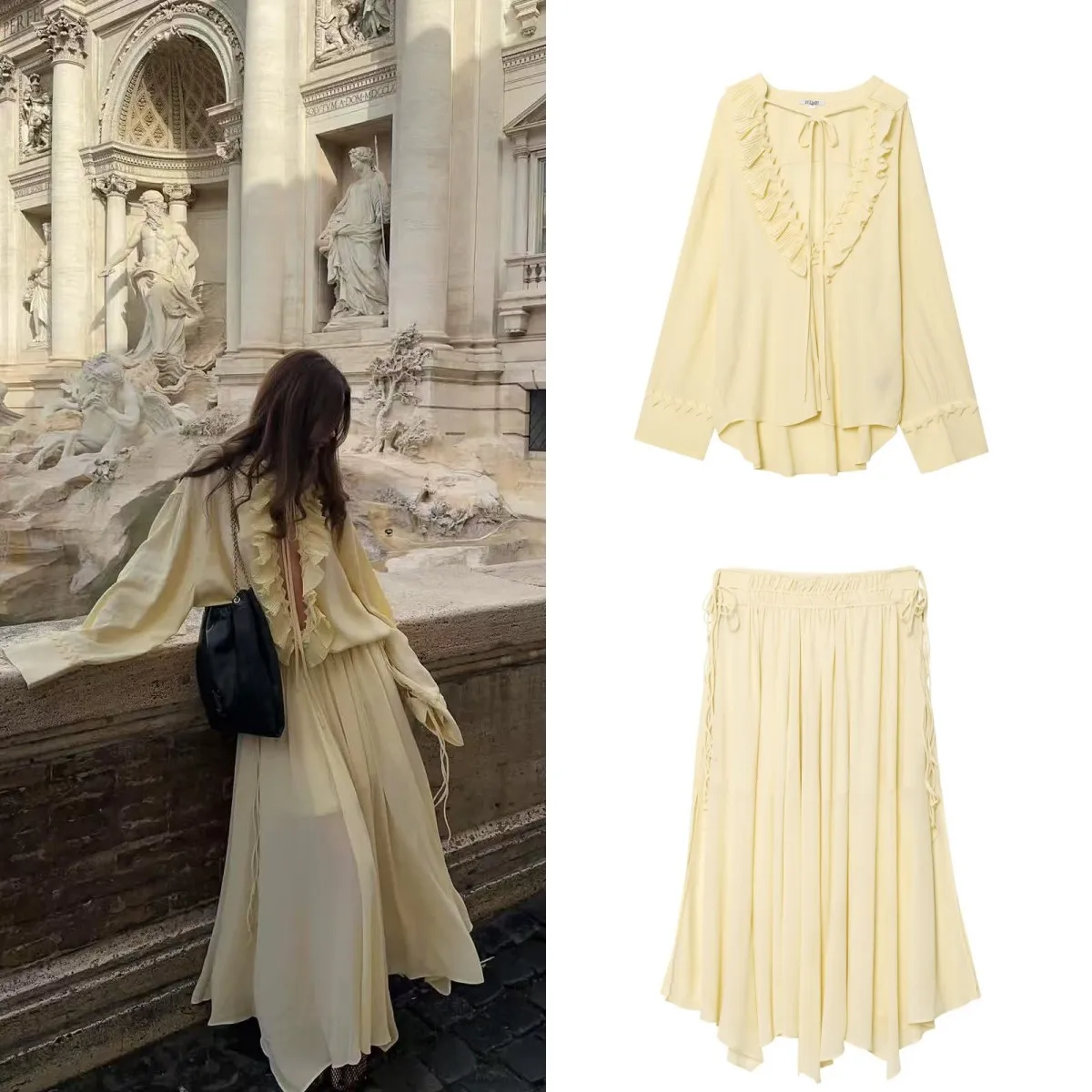 

ETJ's 2025 summer collection TRAF women's elegant loose-fitting accordion pleated lace-up V-neck shirt & irregular hem skirt