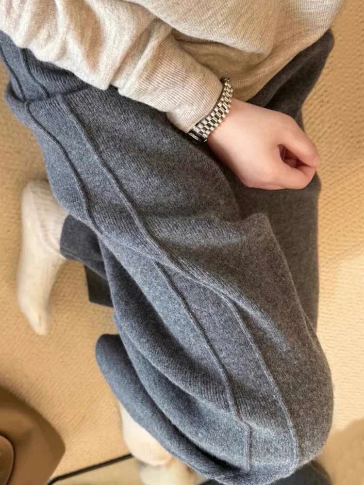 

High Waist Knitted Pants Women's Autumn Winter Versatile Outerwear Wide Leg Loose Fit Thiened Knitting Fabric Long Pants