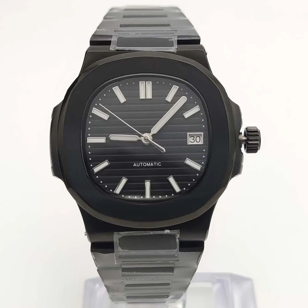 PARNSRPE 40 mm quadratisches schwarzes Gehäuse, automatische Uhr, Kaliber NH35, leuchtendes Saphirglas, Datum, mechanische Herrenuhr, Stahlarmband 5