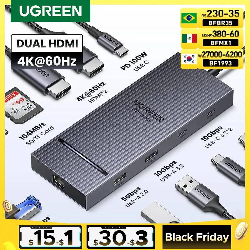 UGREEN USB C HUB 10Gbps 4K60Hz HDMI USB3.2 PD100W USB Splitter for Laptop Macbook Pro Air iPad Phone Android Docking Station