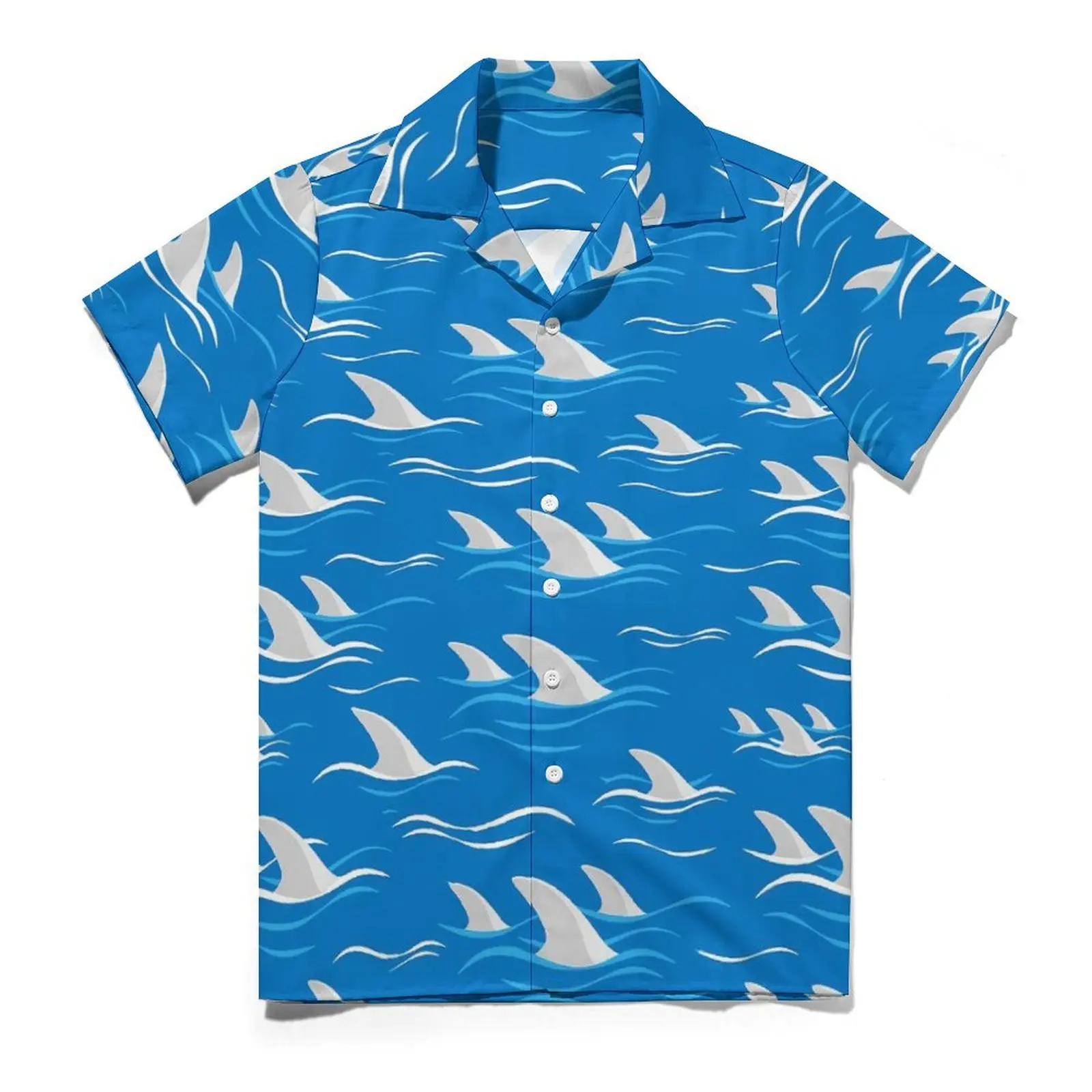 Shark Fin Silhouette And Waves Print Beach Shirt  Hawaii Casual Shirts Man Novelty Blouses Short Sleeves Breathable Design Top