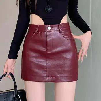 Image Retro PU Leather Shorts Skirt for Women Autumn Winter High Waist Slim A-Line Mini Skirt Hot Girl Y2k Clothing Plus Size