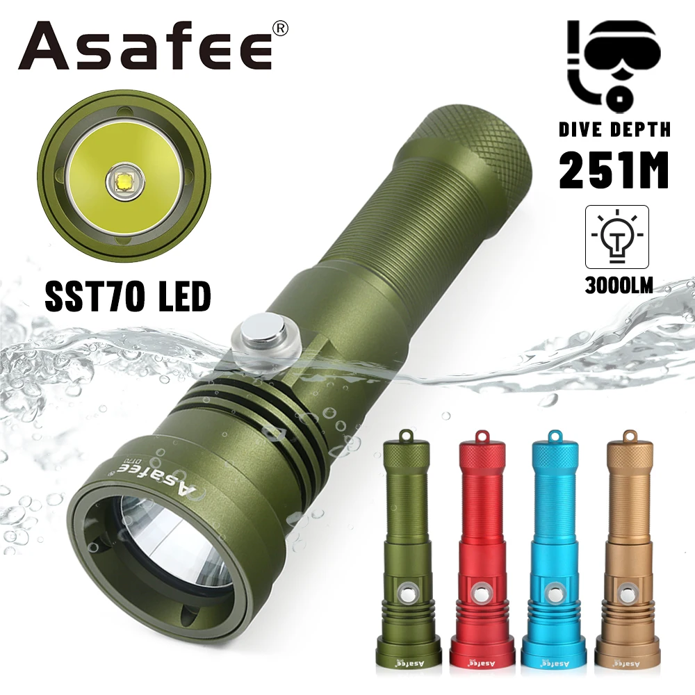 Asafee DT70 Professional Scuba Diving FlashLight SST70 LED 3000LM 251Meter Depth Waterproof Super bright Lamp Rechargeable Torch