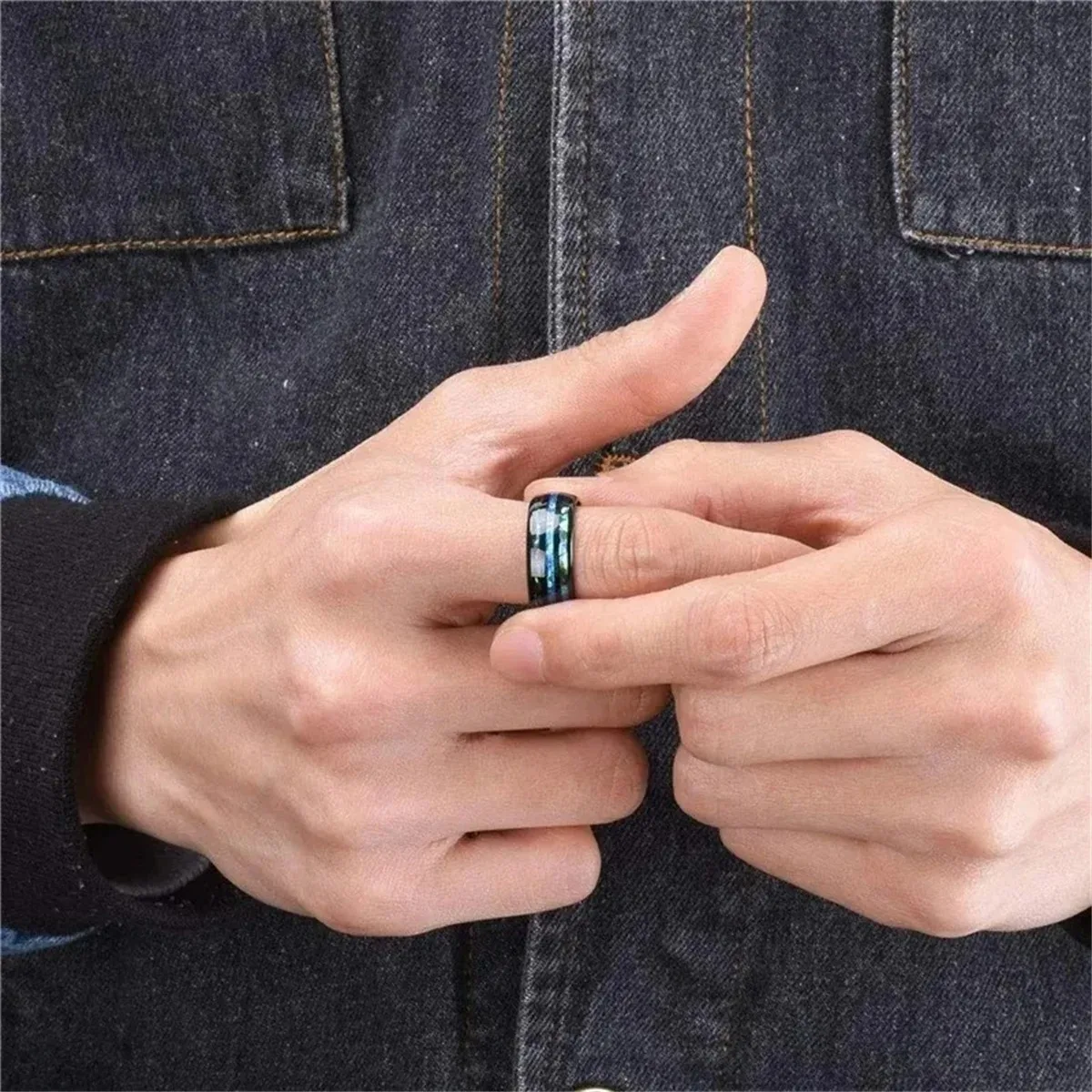 البطانة الأزرق أوبال وأذن البحر شل الدائري موضة 8 مللي متر الفولاذ المقاوم للصدأ خواتم للرجال الزفاف المشاركة مجوهرات هدية للذكرى السنوية