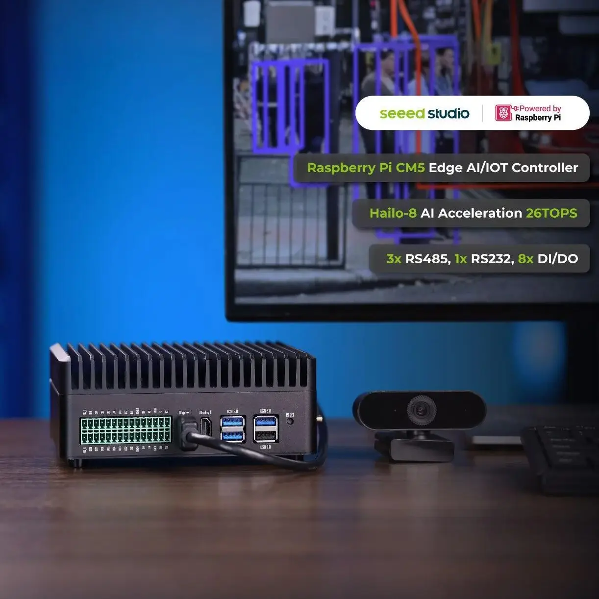 

Контроллер Edge AI Raspberry Pi CM5 IoT безвентиляторный компьютер, Hailo-8 26TOPS, 8 ГБ 16 ГБ ОЗУ, 32 ГБ eMMC, PoE, RS485/RS232, DIY/DO,-20 ° C-65 ° C