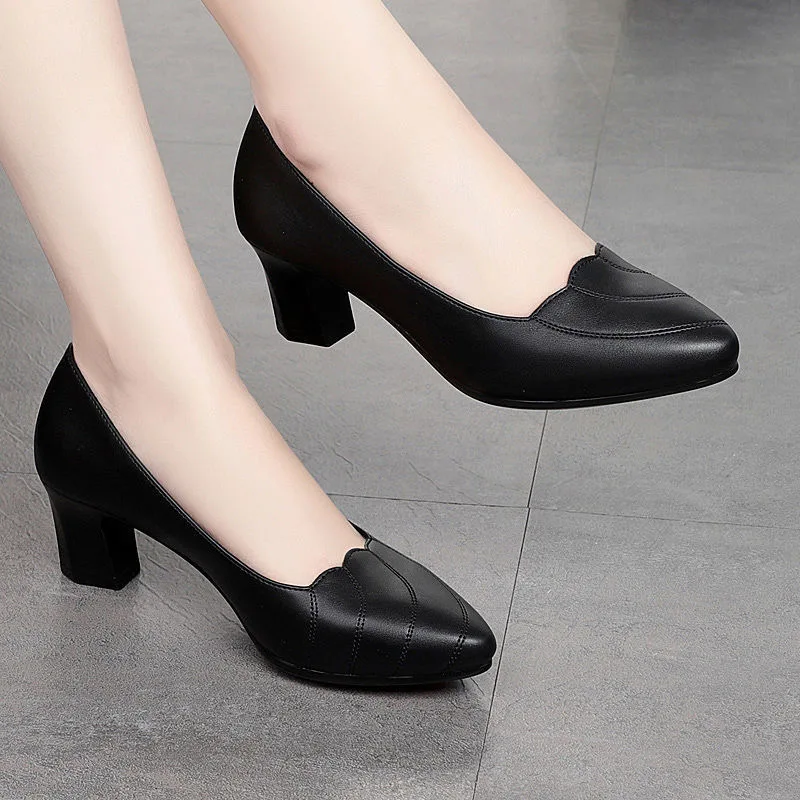 2025 Spring and Autumn New Women's High Heels, Fashionable Soft Leather, Medium and Low Tailored Shoes, Anti Slip Work Shoes