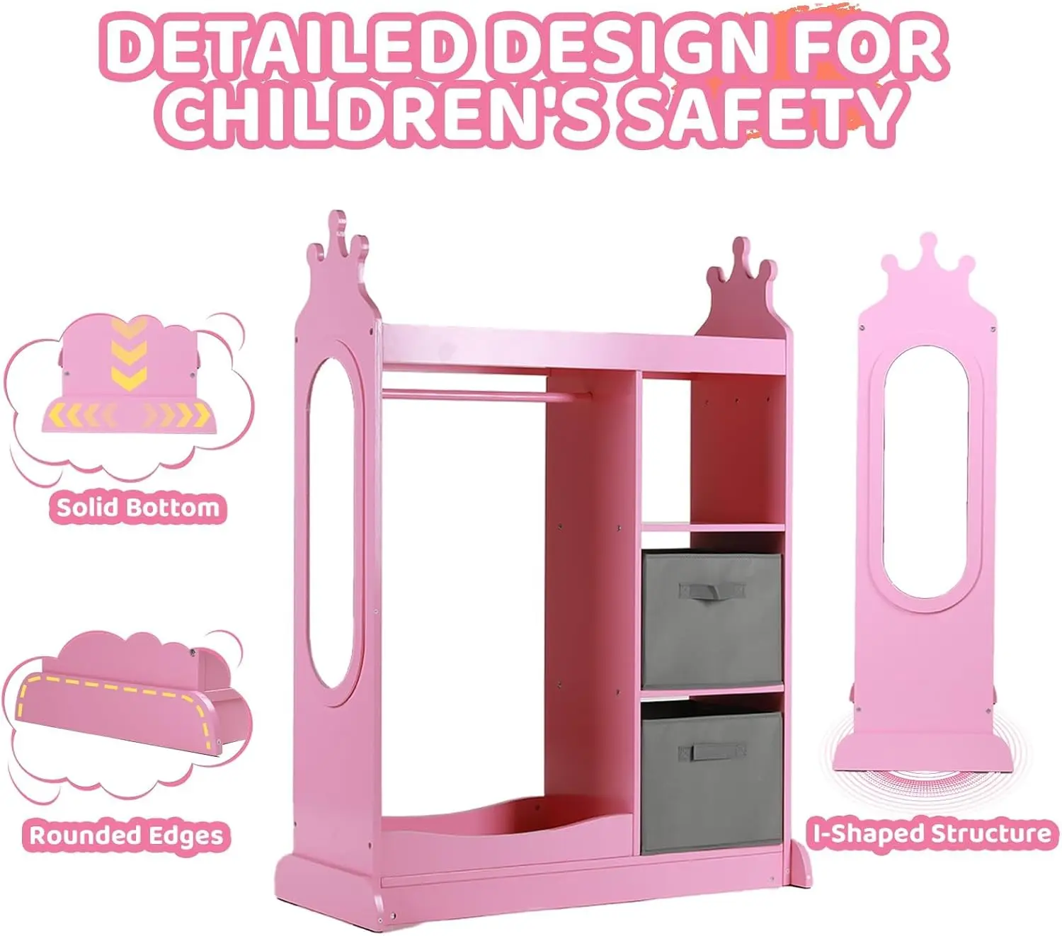 Wardrobe with Mirror, Open Dress Up Storage Kids Armoire Wardrobe with 3 Tier Storage Shelf,2 Fabric Storage,Shoe Rack, Kids Dre