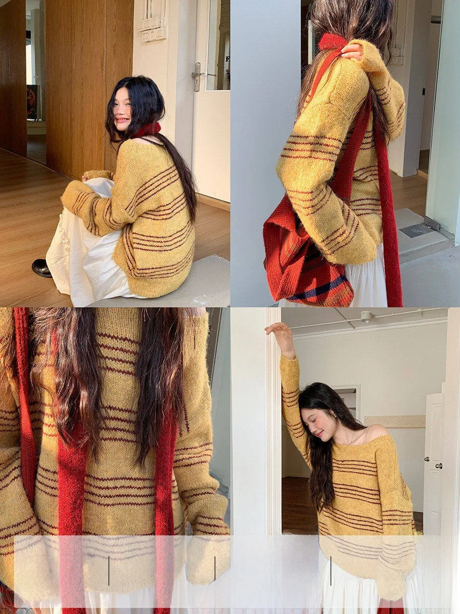 

Linyunyun Korean Sle Lazy Loose Casual Yellow Sweater Striped Long Sve Sweet Sle Winter Women's Knitted Top