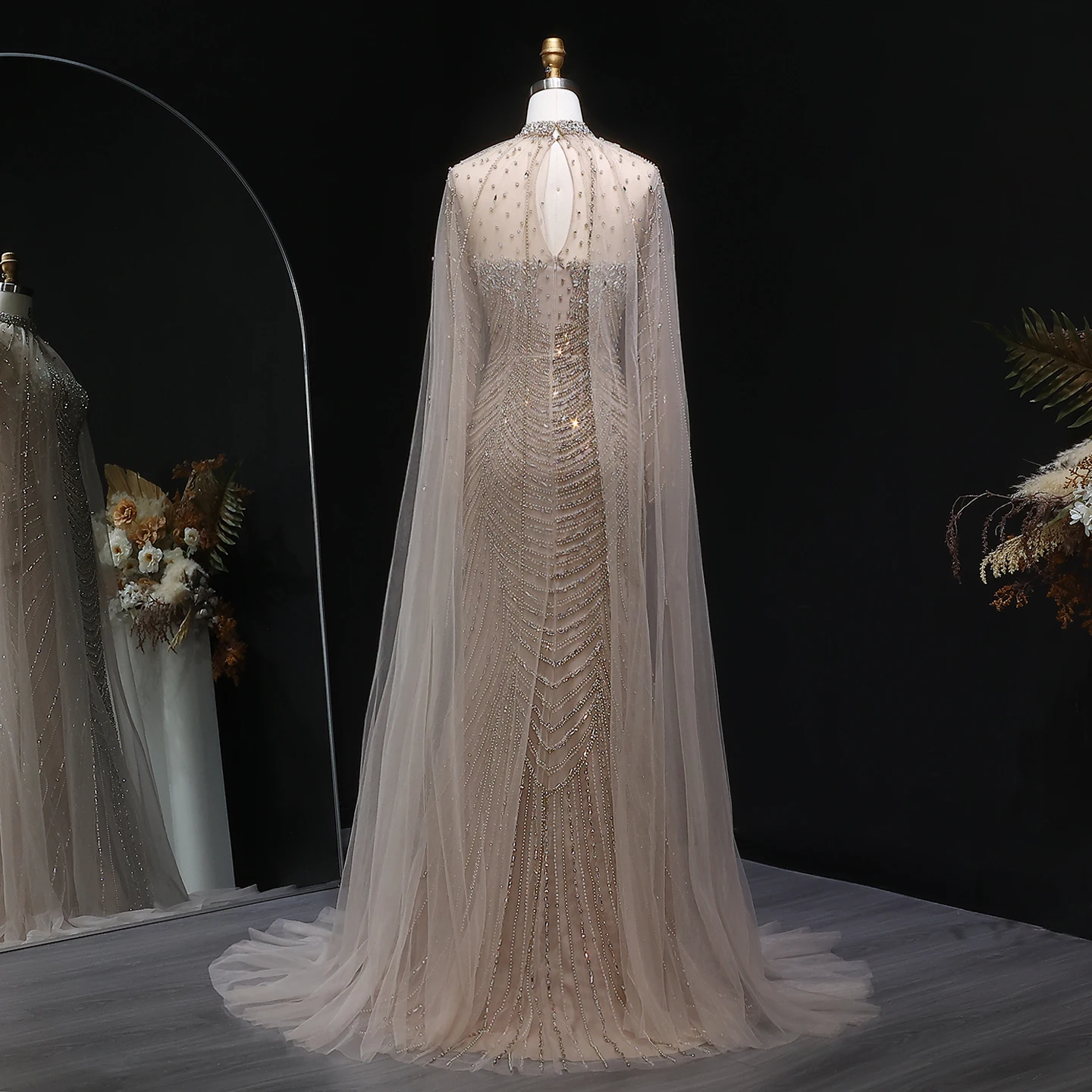 Sharon Said luxe Champagne sirène robe de soirée avec Cape élégant arabe fête robes de bal pour les femmes SS165 personnalisé