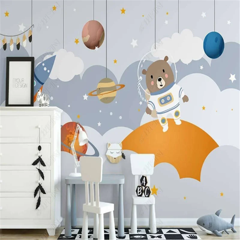 Nordic Hand painted Cute Bear  Mural Wallpaper For kids Room Space Planet Children's room Background Wall Paper Home Decor