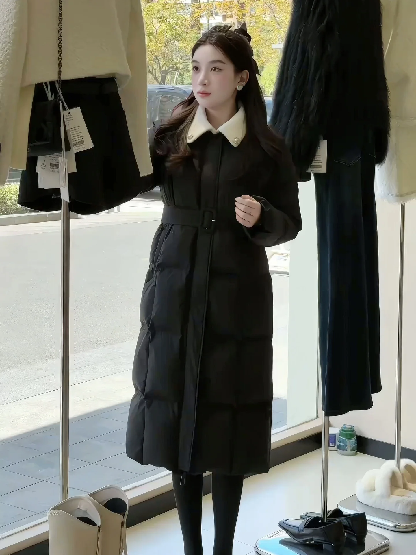 

mat Bla Mid-Length Women's down Jaet Winter 2025 New Sle Flip Collar Waist-Cinching Slimming Warm Outerwear