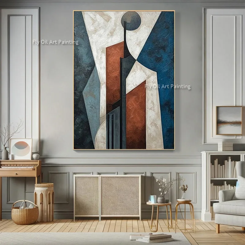 Abstract New Hand Painted Blue Beige Red Men Canvas Artwork Original Design Brown Red White Human Oil Painting For Room Decor