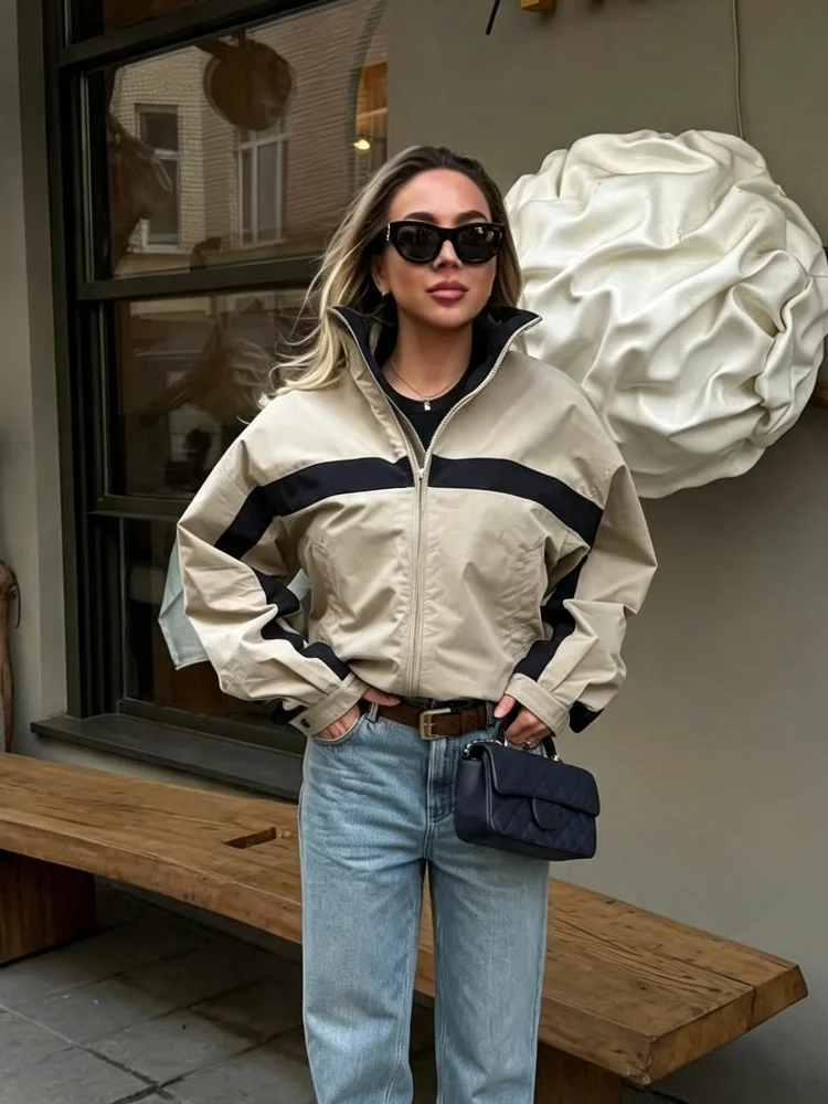 Fashion Contrast Strip Women's Windproof Jacket Casual Long Sleeve Stand Collar Loose Short Coat 2026 Autumn New Street Clothes