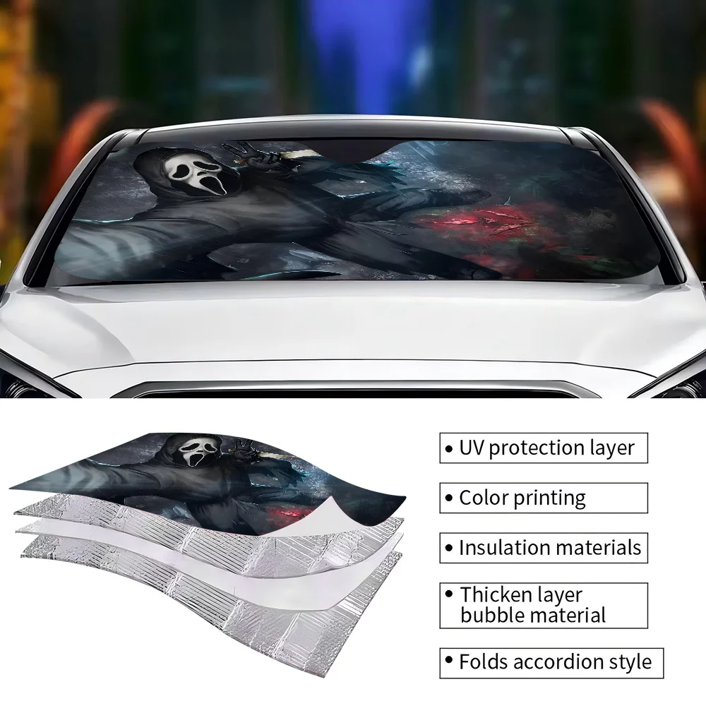 Scream Ghostface Horror Cute Anime Photo Car Windshield Sun Shade Car Sun Visor Protector Aluminum Foil 51.2 X 27.5 In