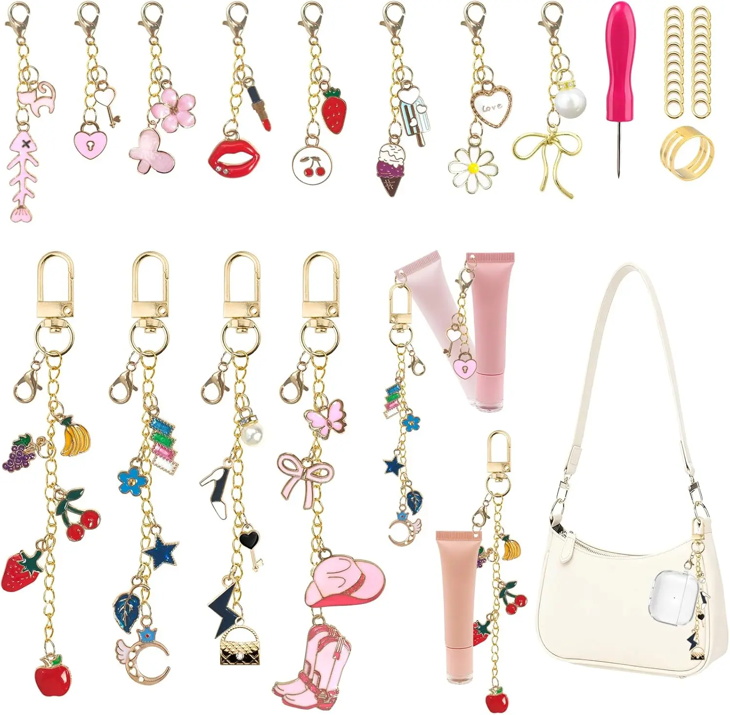 

12 Piece Lip Gloss Keychain Set Cute Mini Balm Purse Charm Gift for Women Girls