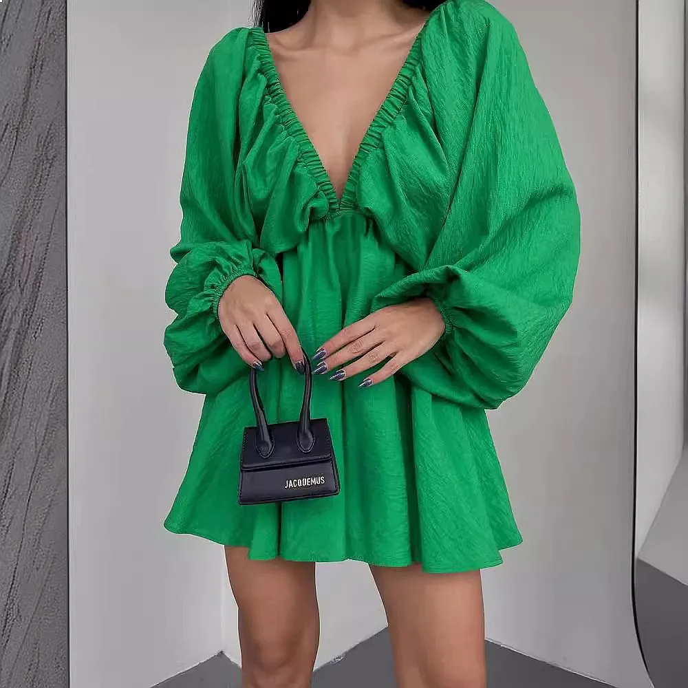 V Neck Long Sleeve Dress Dresses Bubble Sleeve Swing Dress Flowy Midi Dress Spring Summer Matching Set