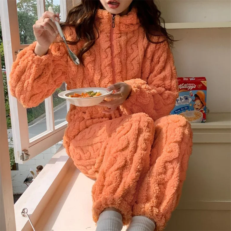 Autumn Winter Sweet Coral Fleece Pajamas Women Fleece-lined Thickened 2023 New Zip-up Flannel Warm Home Wear Set