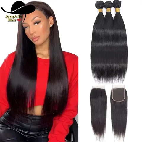 Brazilian Straight 3pcs Bundles With 4x4 Lace Closure 100% Human Hair Lace Closure With Bundles Weave Virgin Hair Natural Black