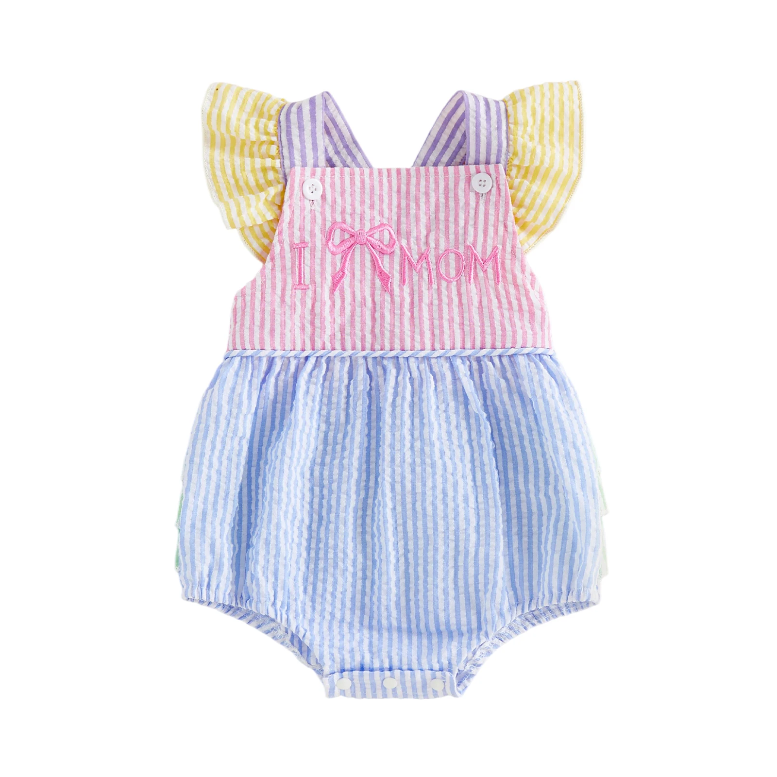 Baby Girls Summer Romper Adorable Letter Bow Embroidery Flying Sleeve Square Neck Striped Jumpsuit