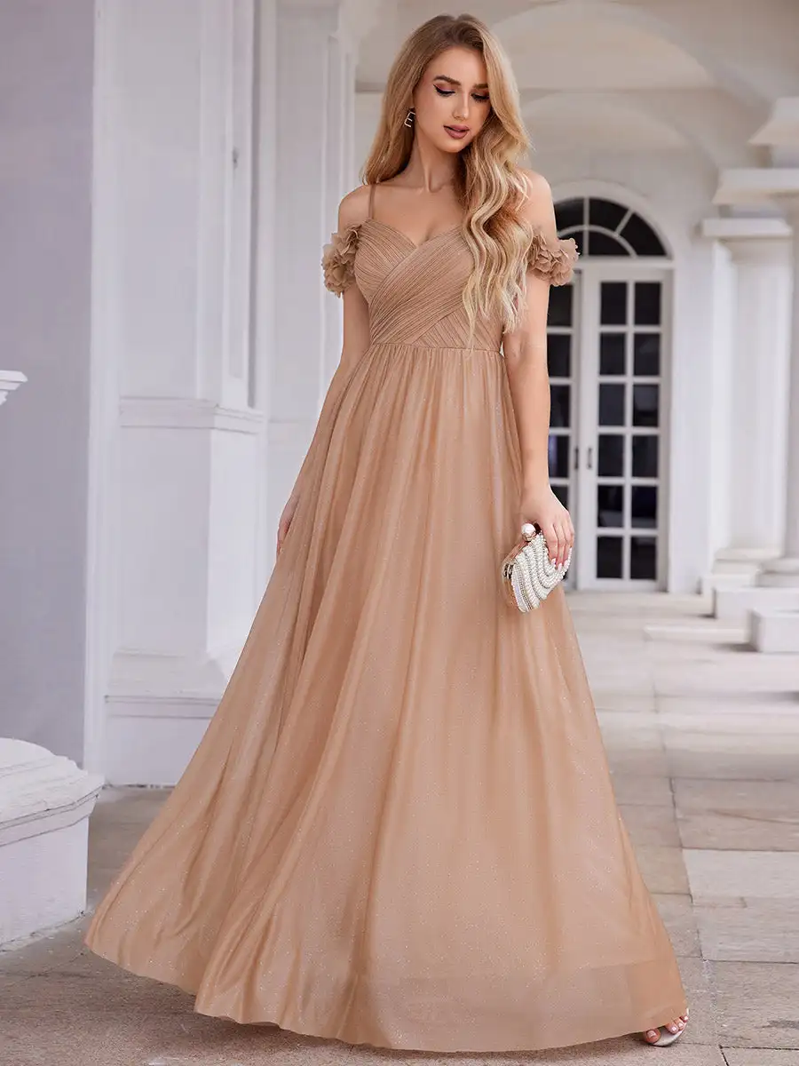 

Elegant Evening Dresses Sparkling V-Neck Floral Cold-Shoulder Pleated 2024 Ever Pretty of Rose Gold Bridesmaid Dress