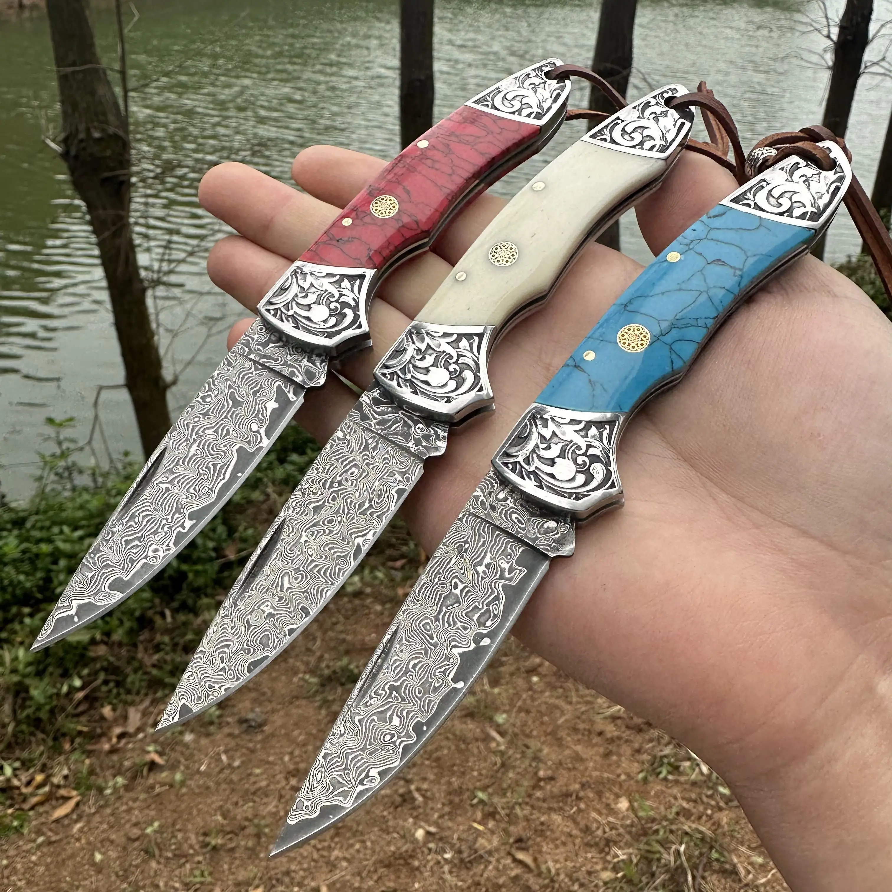 Steel Rose Handmade Pocket Folding Knife Forged VG10 Damascus Blade Agate Stone/Beef Bone Handle Collection Portable EDC Outdoor