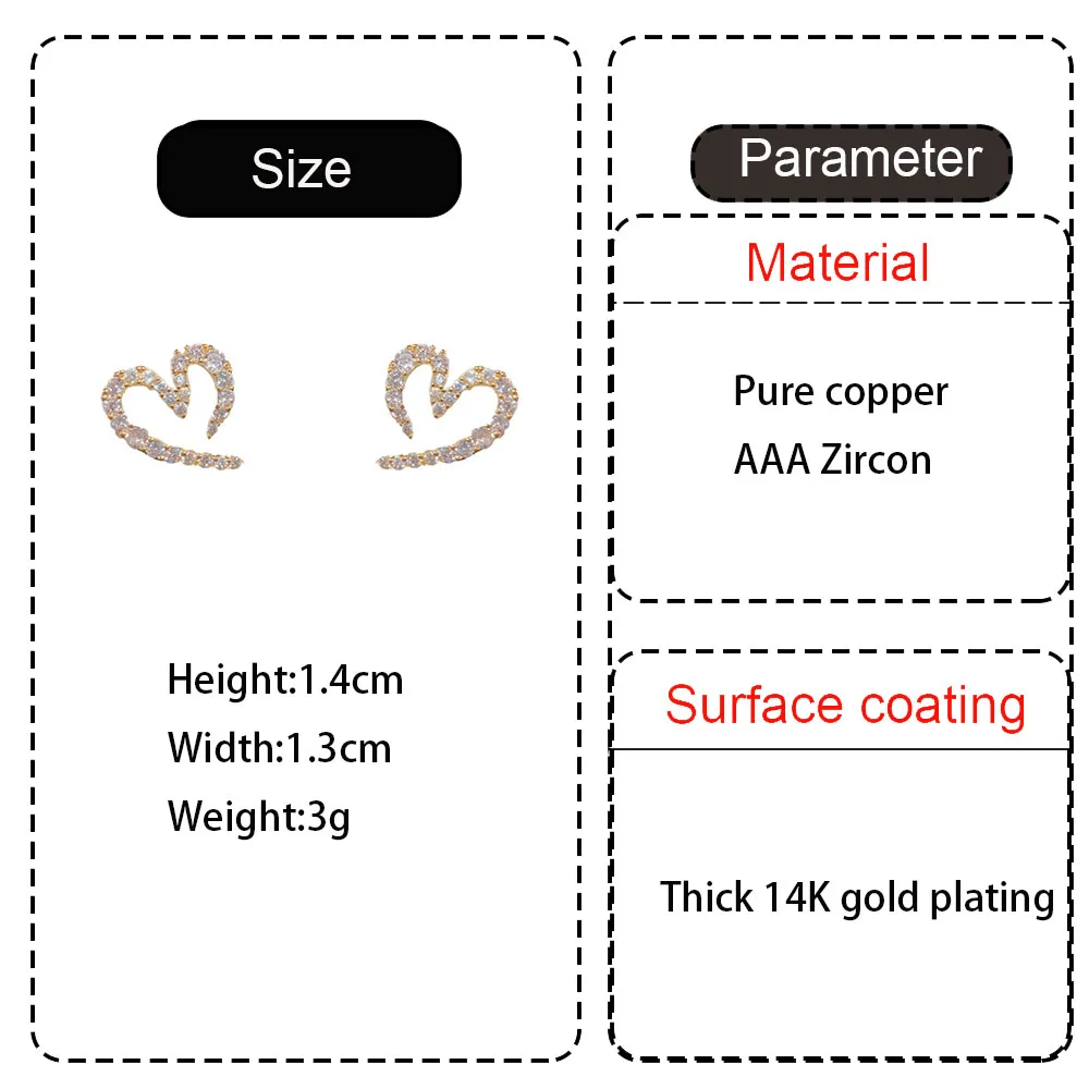 Retro 14k Gold Plated Niche Luxury Zircon Heart  Stud Earrings For Women Party Elegant Versatile High Sense Jewelry Gift
