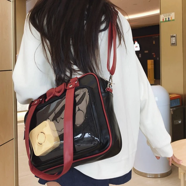 Japanese Style Kawaii PU Leather Itabag Women Transparent Pocket Bowknot Lolita Shoulder Bag Tote Handbags Women Ita Bag JK Girl