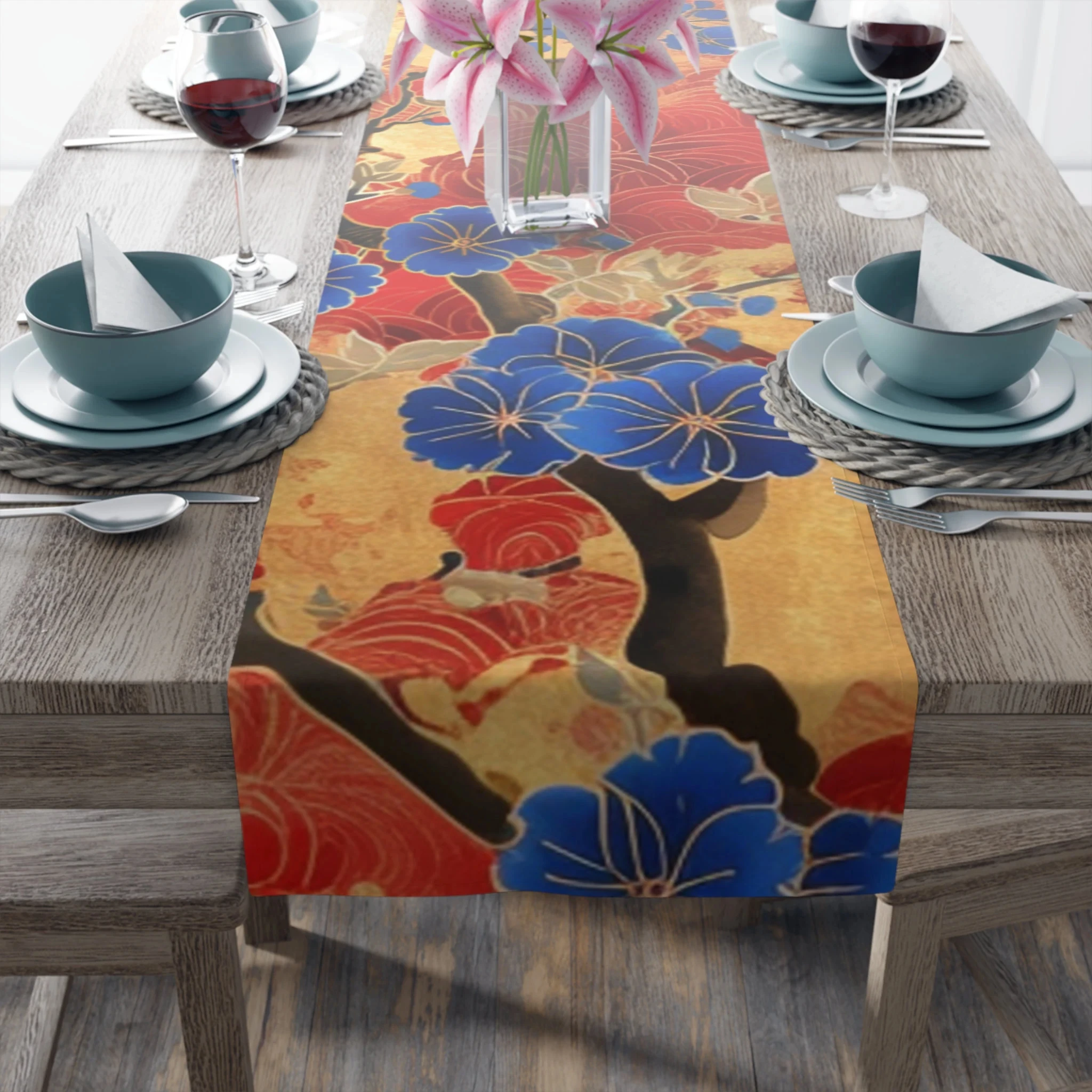 1pc Linen Table Runner with 2D Printed Cherry Blossom Art, Red & Gold Accent, Ideal for Dining Table, Kitchen Island & Living Ro