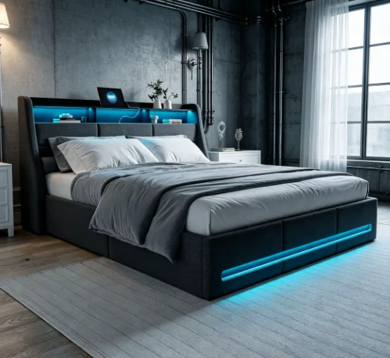 Base de Cama Hidráulica con Luces LED, Cama de 140*190cm con Estación de Carga y Almacenamiento Debajo de la Cama
