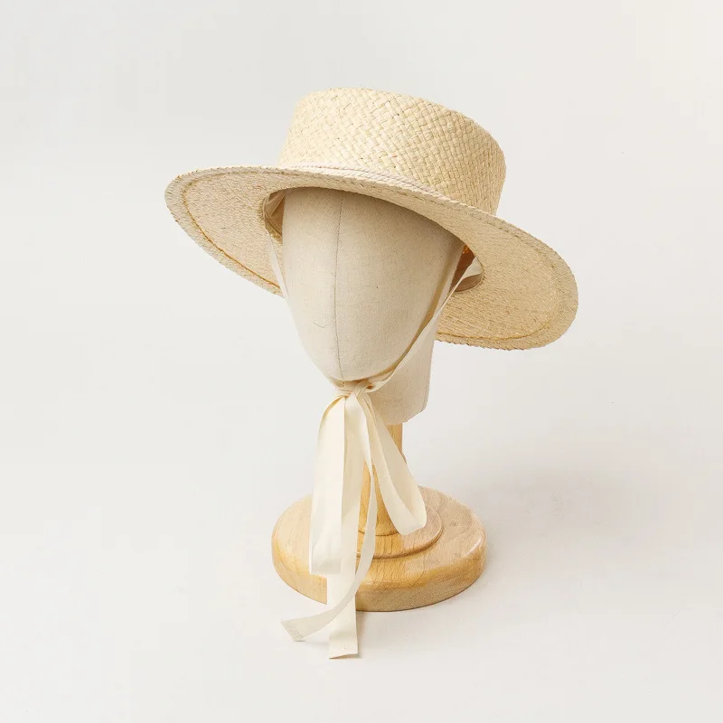 X235  Children's Summer Sun Hat Straw Raffia Hat Flat Top Hand-woven Raffia Hat Lafite Straw Cap Sunshade Sunscreen Hat