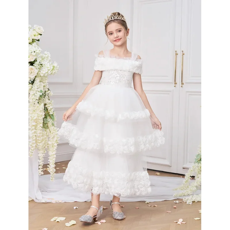

COSda@Elegant Flower Bridesmaid Girls Dress Layered Tulle White Baptism Wedding Princess Party Prom Dresses Kids Birthday Evenin
