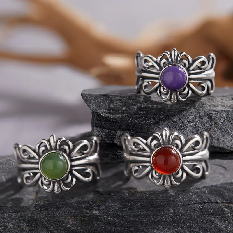 

QIBAOKU Vintage S925 Sterling Silver Ring Natural Color Gemstone Retro Iris Flower Exquisite Opening Adjustable Couple Rings