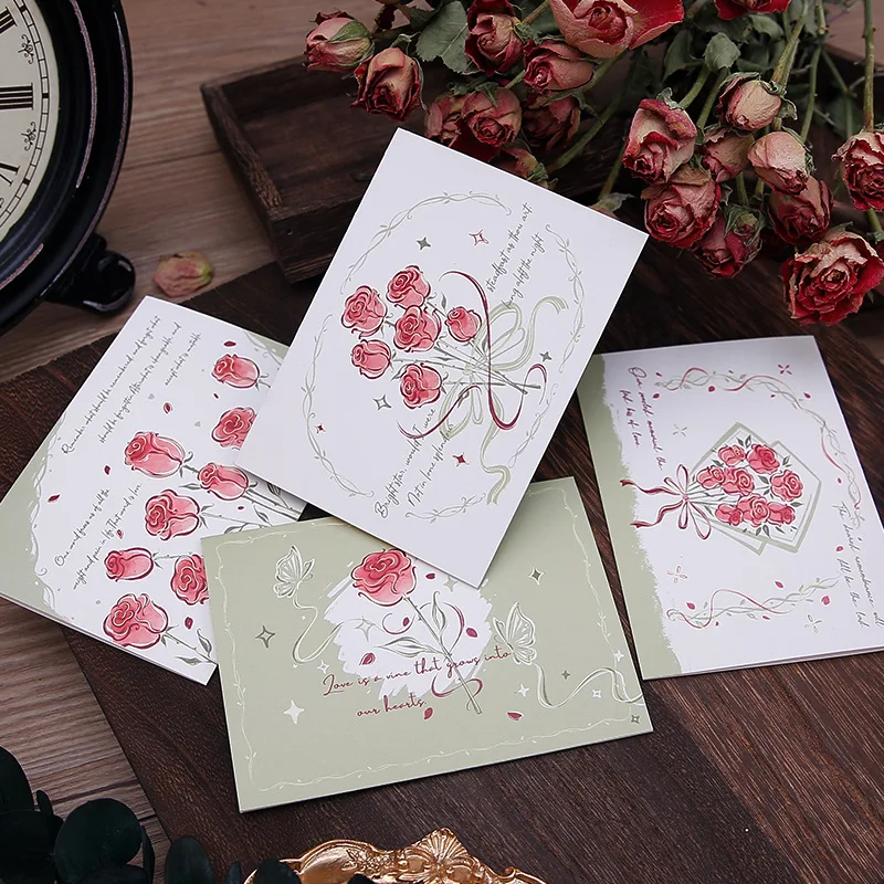 4pcs Romantic Rose Greeting Card Pink Aesthetic High-Value Postcard Card Creative Gift Green Red Pink Card Set