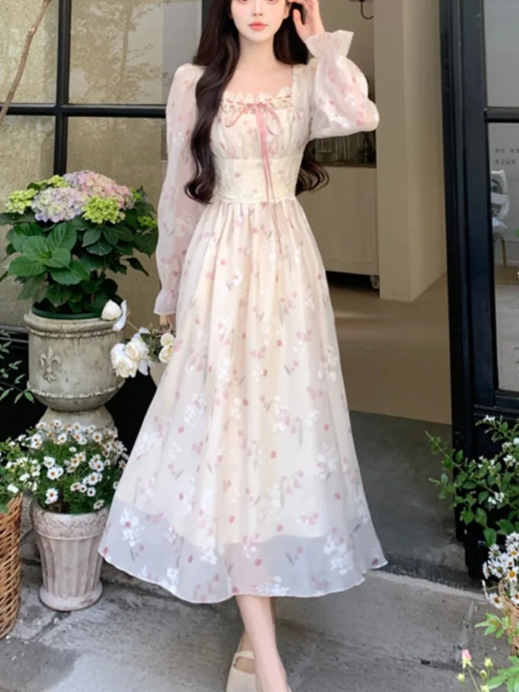 French Floral Print Fairy Midi Dresses for Women Square Collar Lace Patchwork High Waist Long Sleeve A-line Autumn Vestidos New