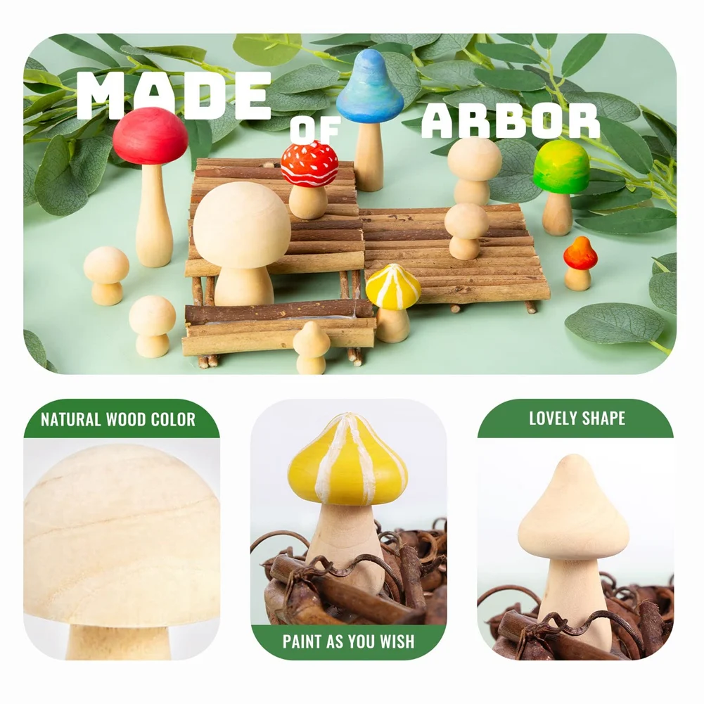 30 Pieces Unfinished Wooden Mushroom 6 Sizes of Natural Wooden Mushrooms for Arts & Crafts Projects Decoration