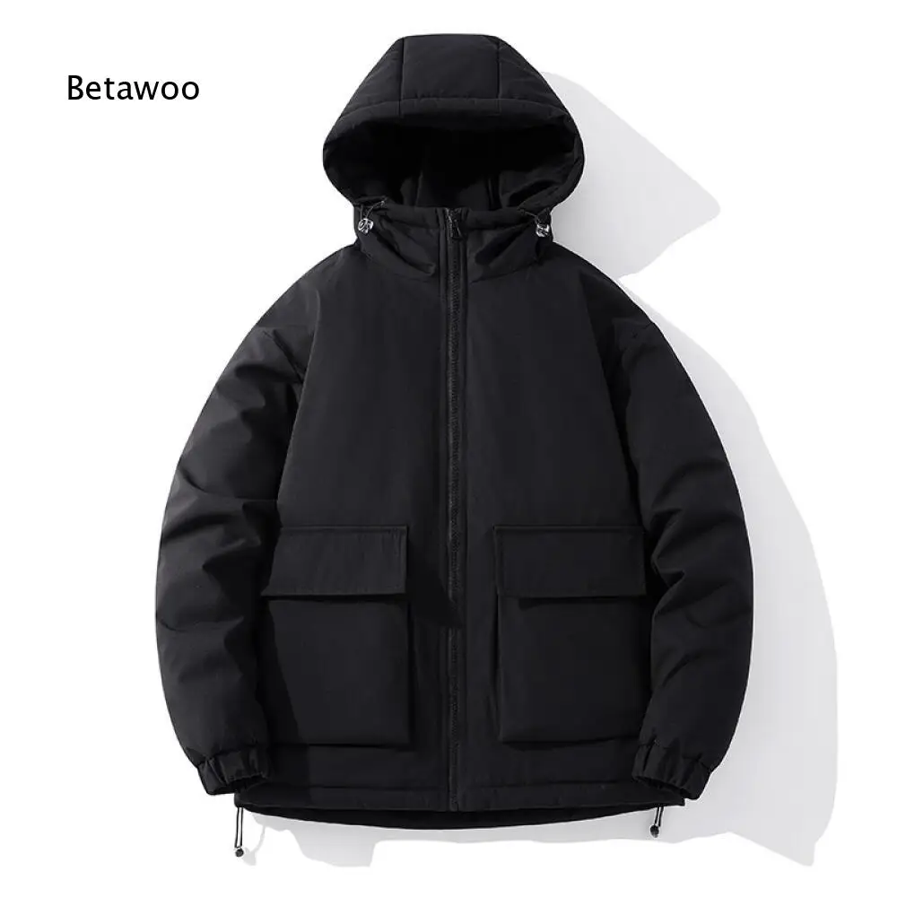 Winter Hooded Padded Outer Coat For Men Zip Front Jacket With Functional Large Pockets And Adjustable Hem Drawstrings