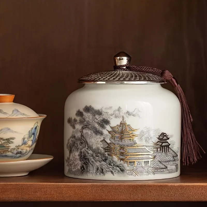 Ceramic Tea Jar Featuring The Welcoming Pine Home Decorative Suitable Tables Cabinets Display Shelves Tea Storage Vintage