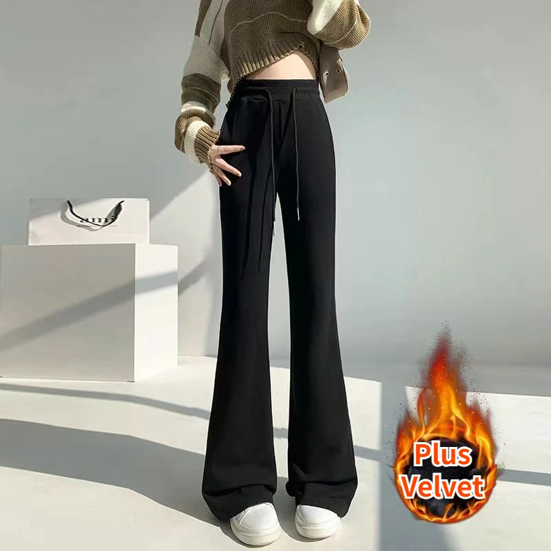 American Casual Pants for Women High Waist Boot Cut Autumn Plus Velvet Trousers Stylish Sporty All-match Hotsweet Lady Vintage