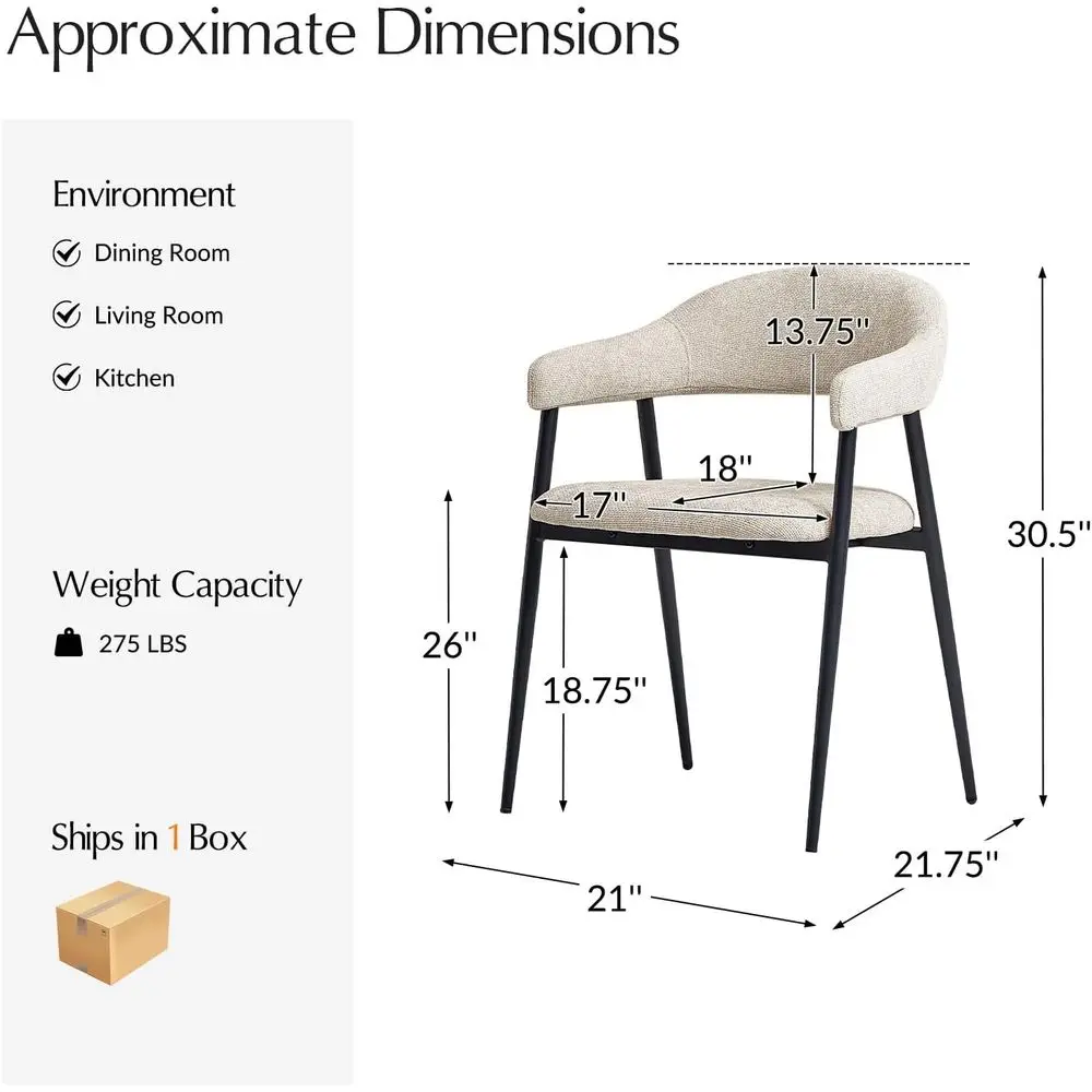 مجموعة كراسي تناول الطعام الحديثة في منتصف القرن مكونة من 4 قطع، قماش منجد بأرجل معدنية، مسند ظهر منحني أنيق للمطبخ وتناول الطعام والليفي