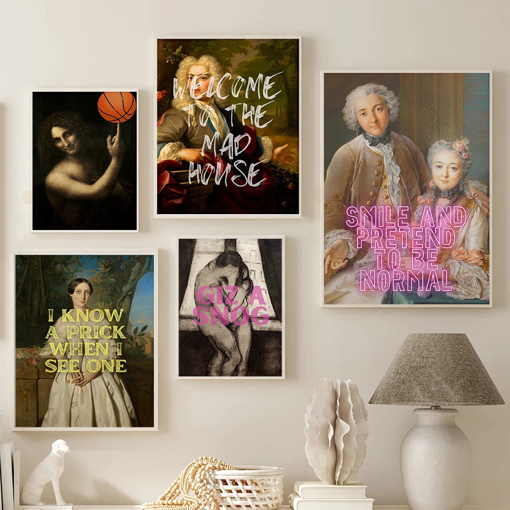 Retro Renaissance Humour Figure Abstract Graffiti Sarcasm Quotes Canvas Painting Portrait Art Poster Print Bed Room Home Decor