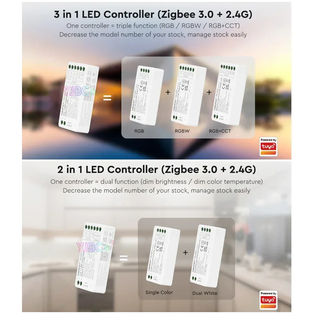 

Miboxer Zigbee 3.0 Single Color/Dual White RGB/RGBW/RGBCCT LED Strip Controller 2.4G RF Remote Tuya app 2/3 in 1 dimmer 12V 24V