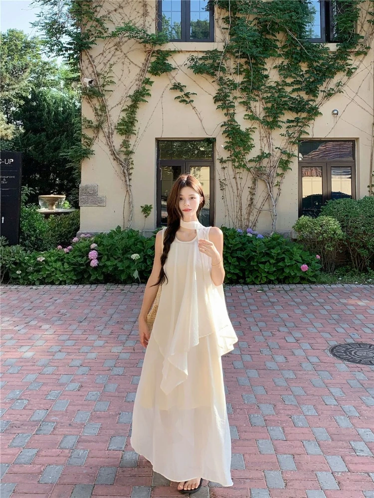 

Новый женский летний комплект в отпускном стиле: асимметричное платье-комбинация с французской лентой и тонкими бретелями, комплект из двух предметов